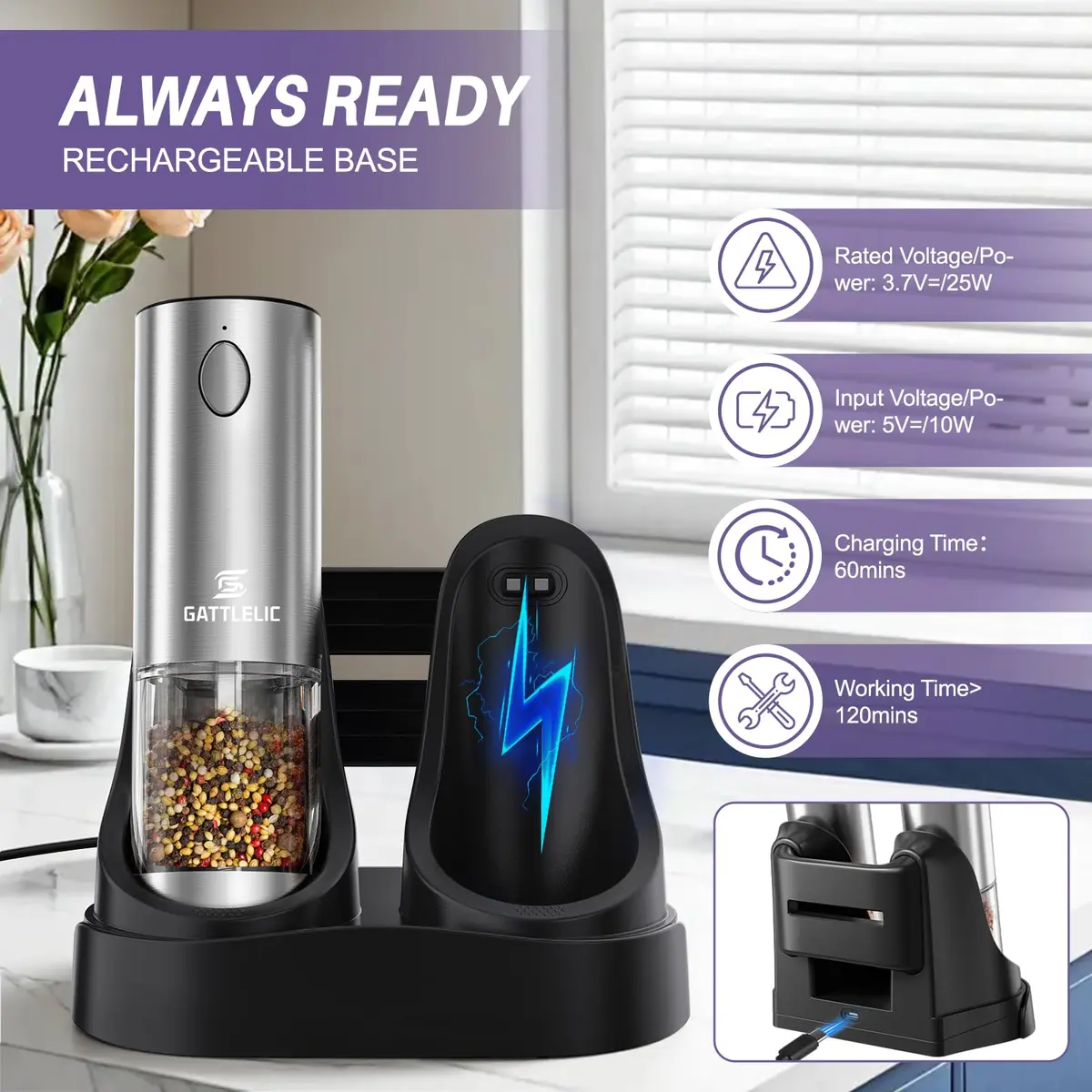GATTLELIC Electric Salt and Pepper Grinder Set, 95ml Capacity | Rechargeable, Adjustable Coarseness, LED Light (en_US) - view 3