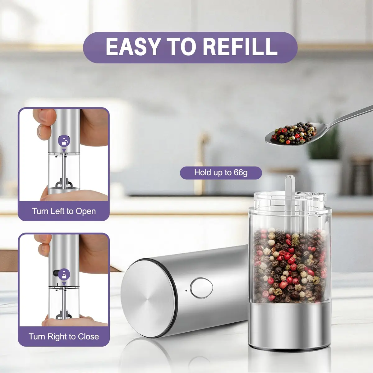 GATTLELIC Electric Salt and Pepper Grinder Set, 95ml Capacity | Rechargeable, Adjustable Coarseness, LED Light (en_US) - view 4