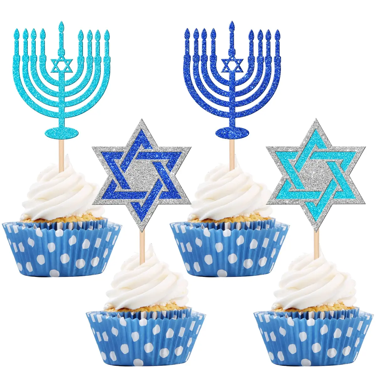 ZHUOWEISM Hanukkah Cupcake Toppers Glitter Star of David 24 pcs | Festive Cake Decorations - main product image