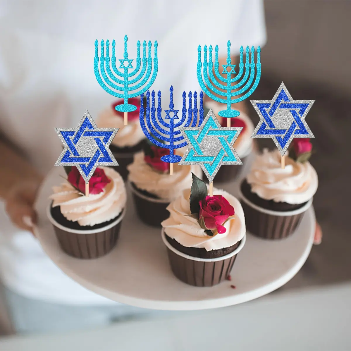 ZHUOWEISM Hanukkah Cupcake Toppers Glitter Star of David 24 pcs | Festive Cake Decorations - view 5