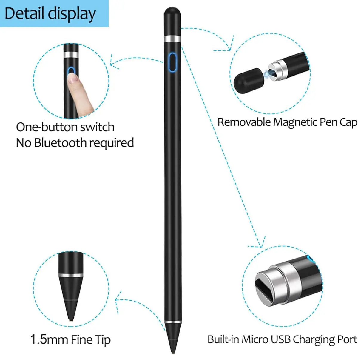 DOGAIN Stylus Pen for Touchscreen Devices, 1.5mm Fine Point Rechargeable Black | Compatible with iPad, iPhone, Android - view 5