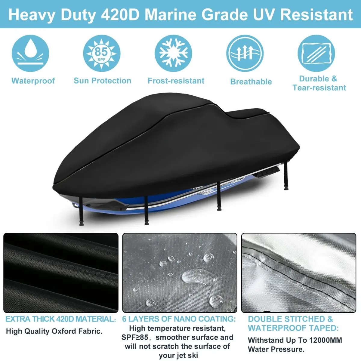 SRIMMIT Jet Ski Cover 3 Seater 115-120 Inch Black | 12000mm Waterproof PWC Protection - view 3