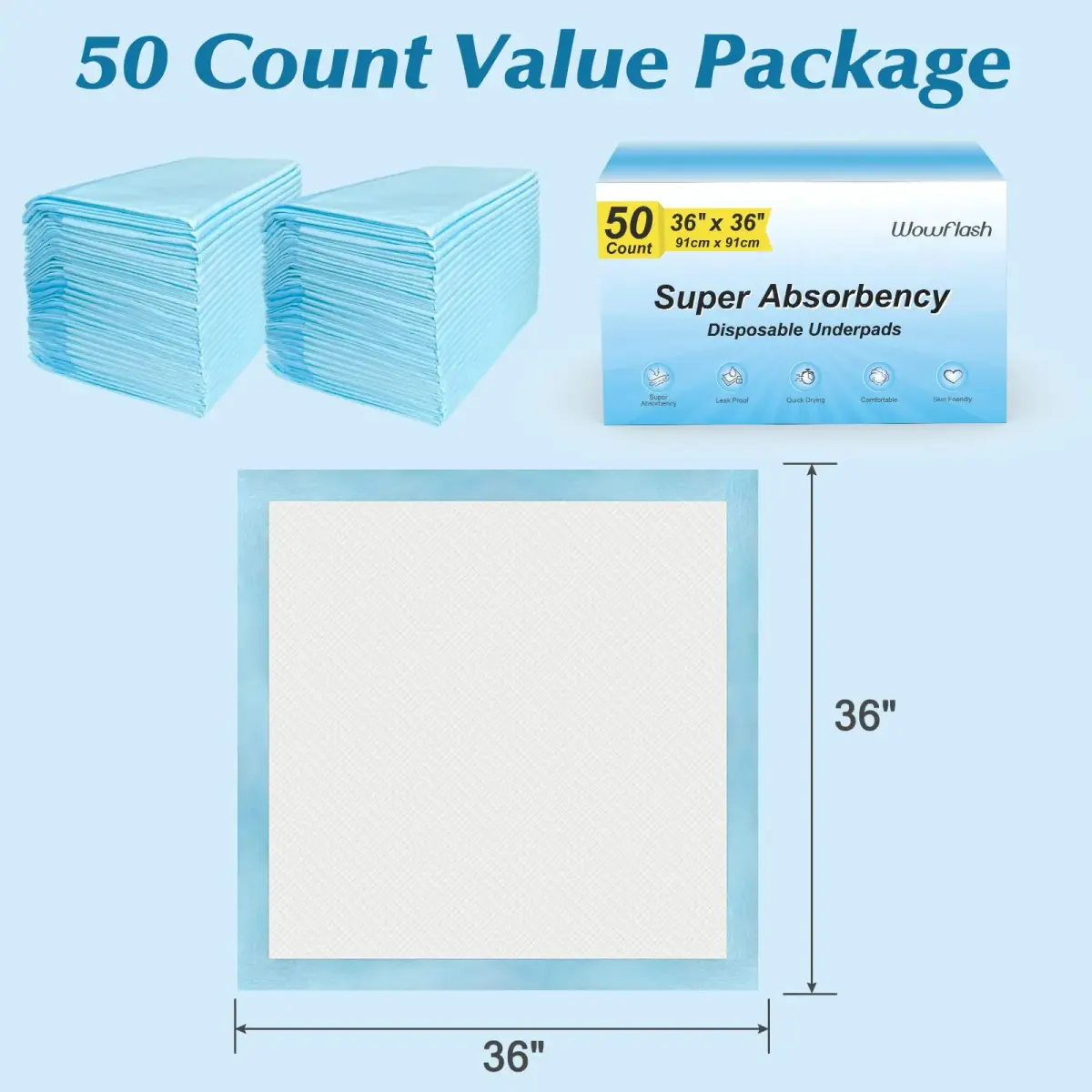 Wowflash Super Absorbency Disposable Underpads 91cm x 91cm (50 Count) | 5-Layer Protection for Adults, Babies, and Pets - view 7