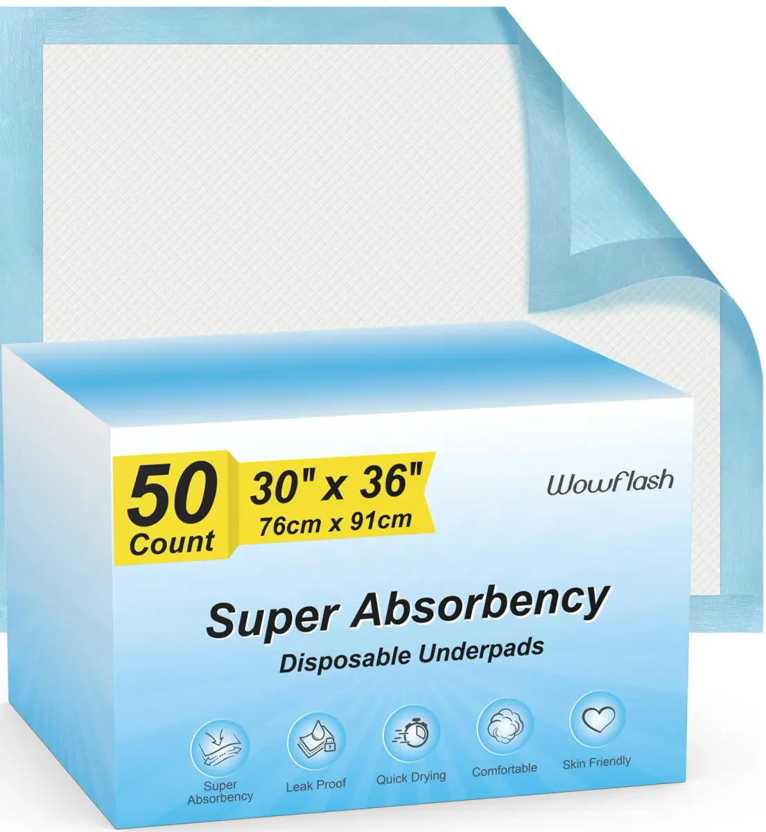 Wowflash Super Absorbency Disposable Underpads 76cm x 91cm (30" x 36") | 5-Layer Leakproof Protection - main product image