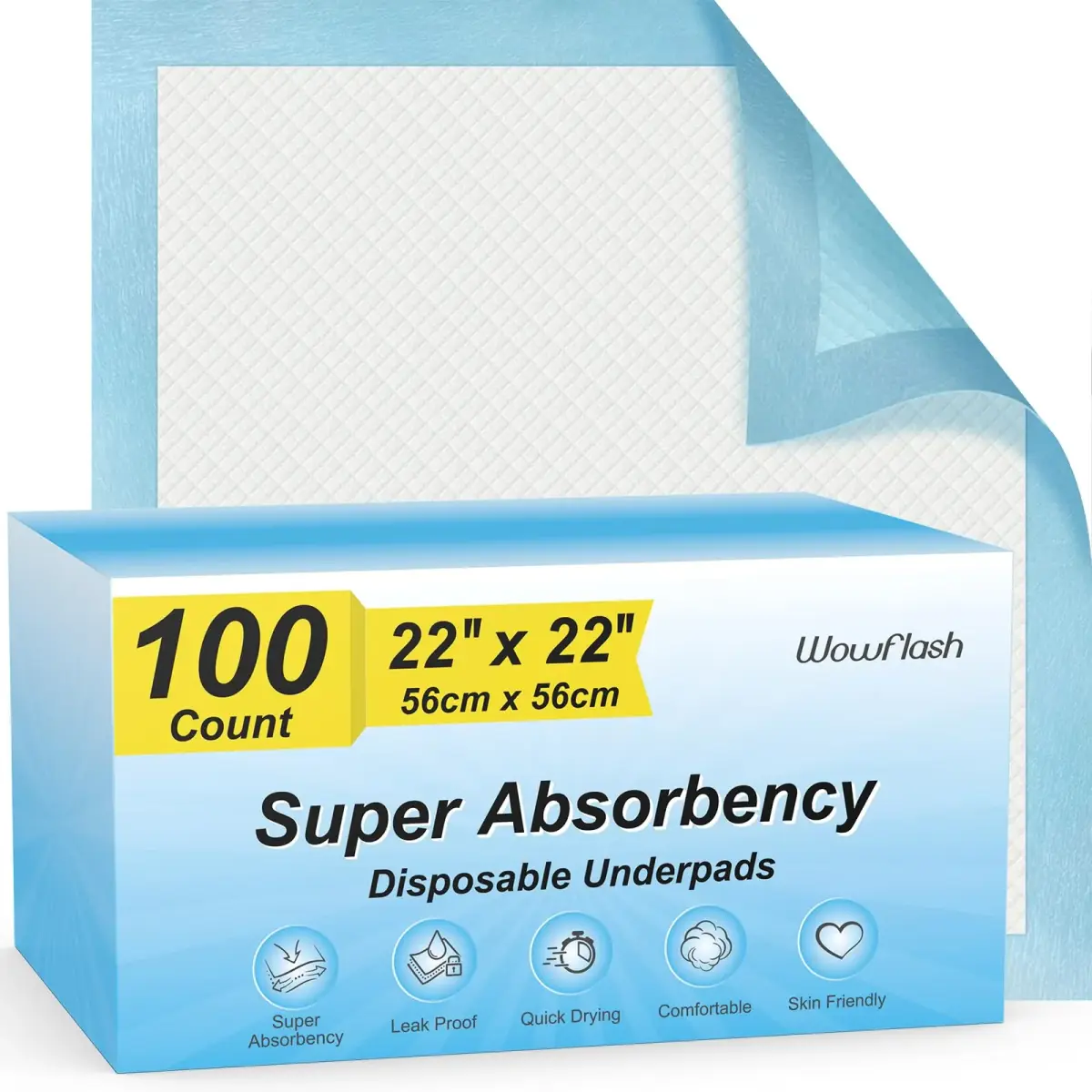 Wowflash Super Absorbency Disposable Underpads 100 Count 55.9 x 55.9 cm (22" x 22") | Leakproof & Quick Drying for Adults, Babies, Pets - main product image