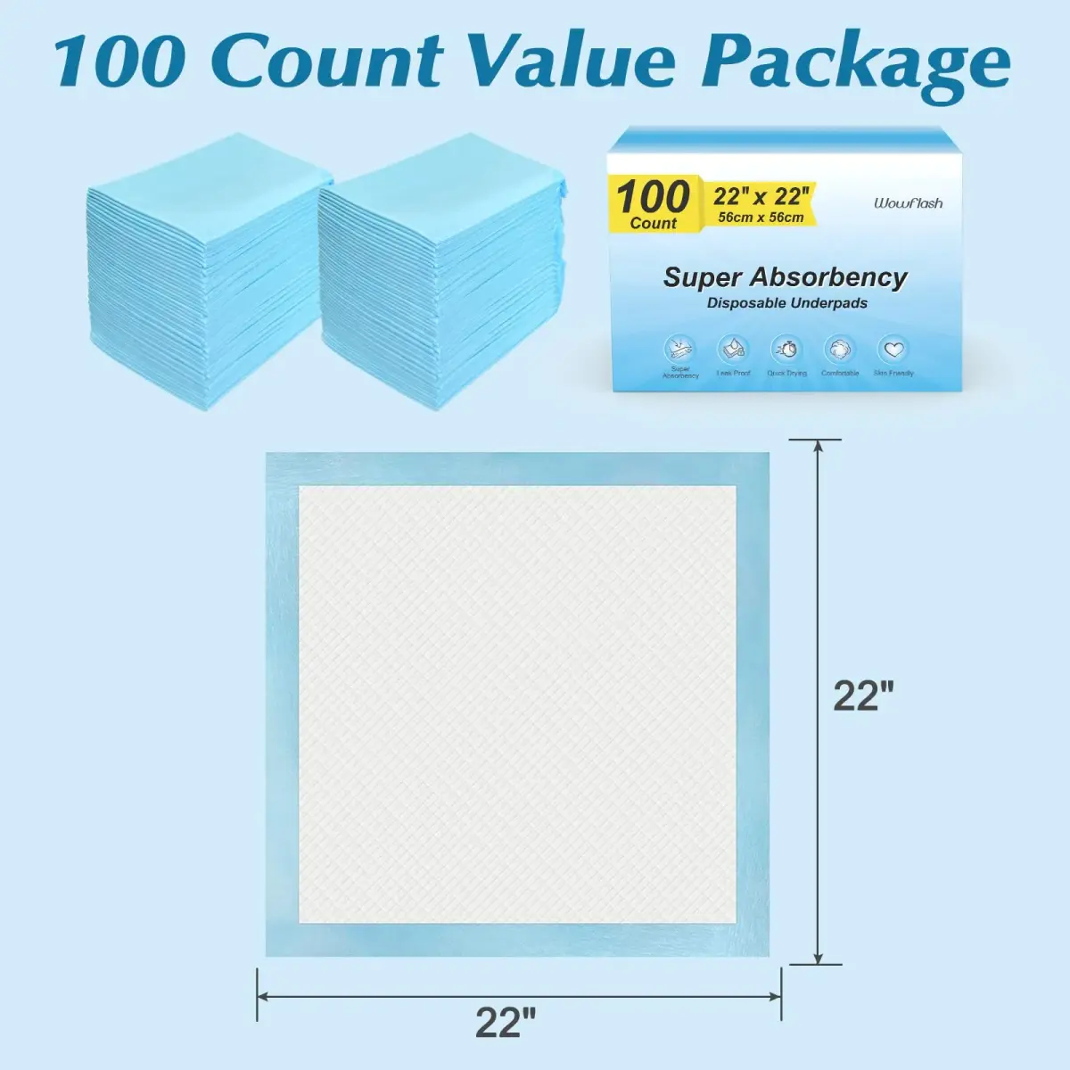 Wowflash Super Absorbency Disposable Underpads 100 Count 55.9 x 55.9 cm (22" x 22") | Leakproof & Quick Drying for Adults, Babies, Pets - view 7