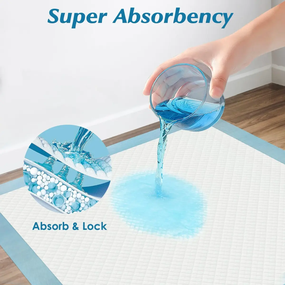 Wowflash Super Absorbency Disposable Underpads 100 Count 55.9 x 55.9 cm (22" x 22") | Leakproof & Quick Drying for Adults, Babies, Pets - view 3