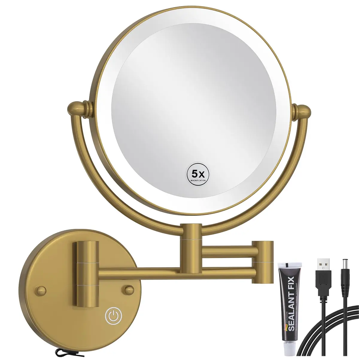 RECKODOR Wall Mounted Lighted Makeup Mirror with Magnification 5X | Rechargeable Brass Frame, Touch Dimming - main product image