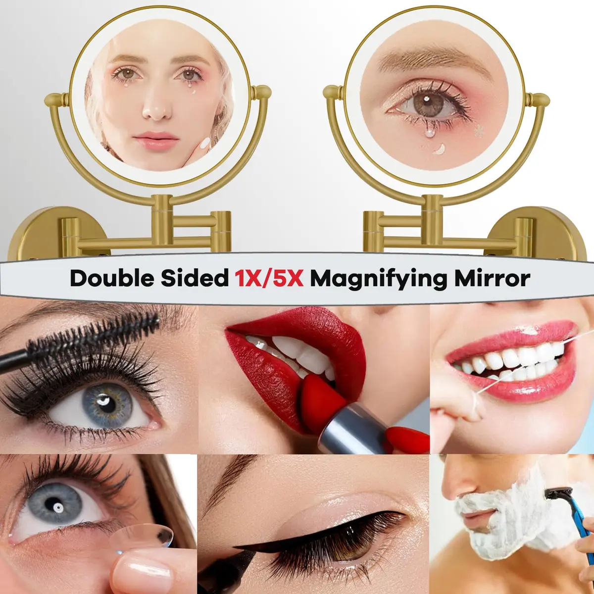 RECKODOR Wall Mounted Lighted Makeup Mirror with Magnification 5X | Rechargeable Brass Frame, Touch Dimming - view 3