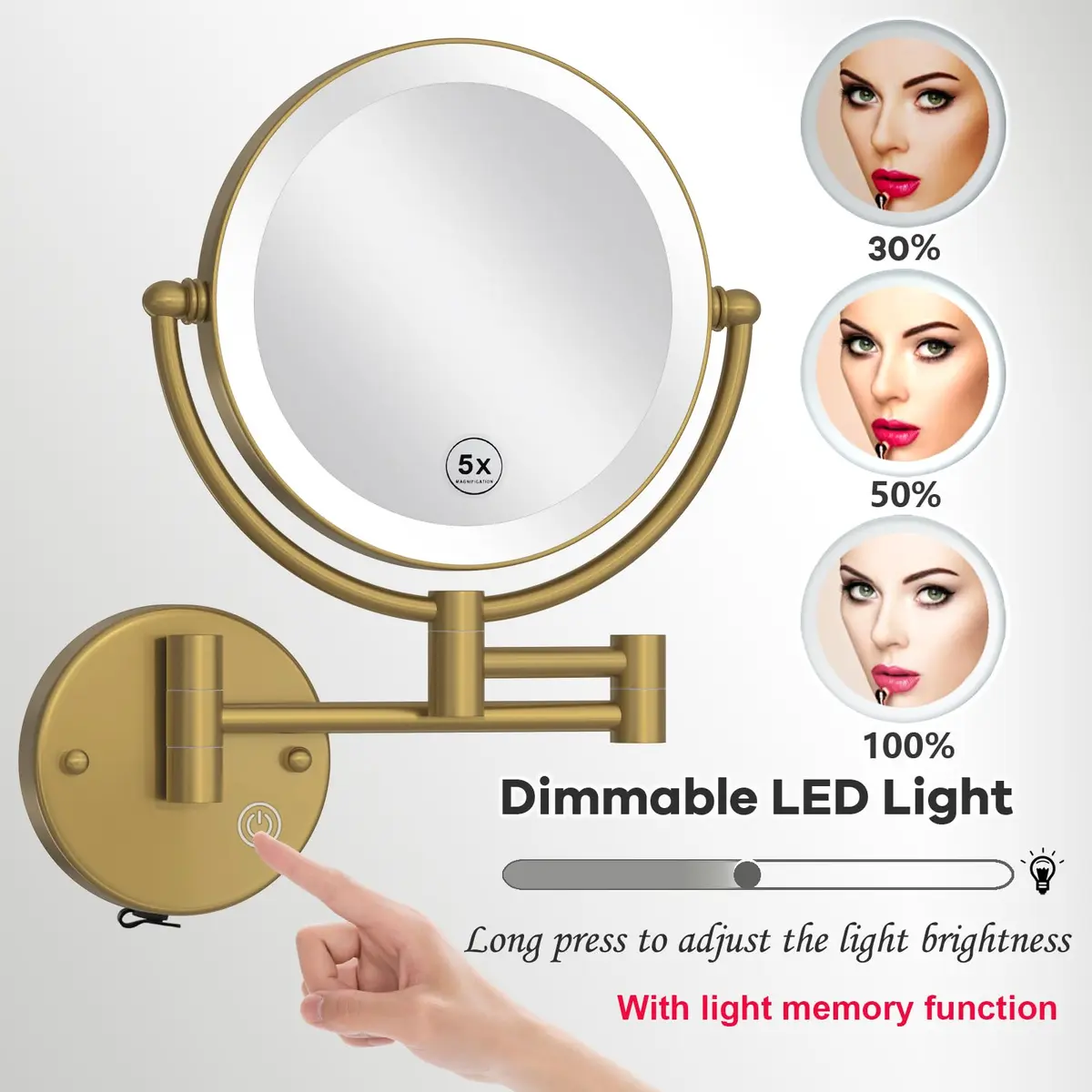 RECKODOR Wall Mounted Lighted Makeup Mirror with Magnification 5X | Rechargeable Brass Frame, Touch Dimming - view 4