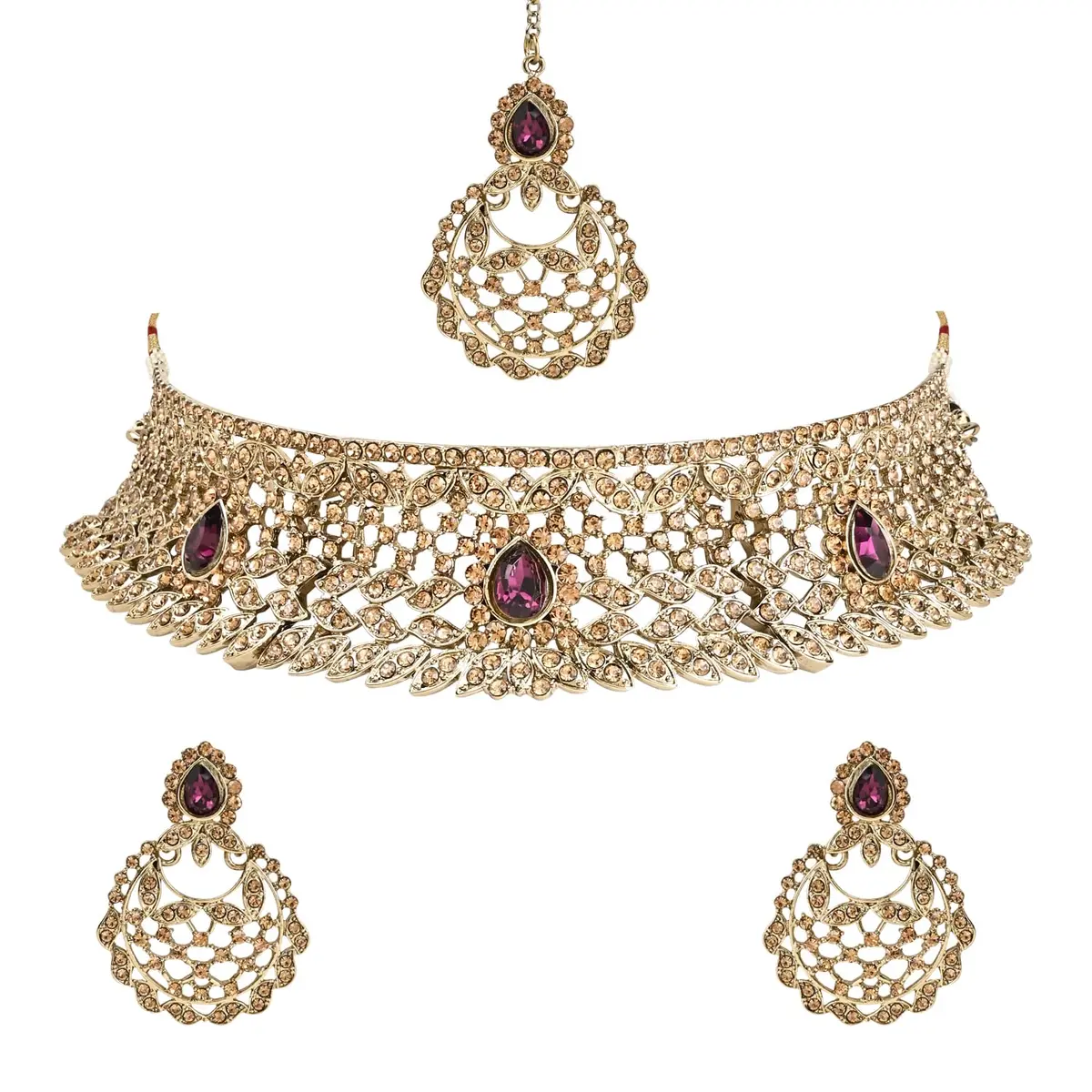 I Jewels Gold Wine Choker Necklace Jewellery Set With Chandbali Earring & Maang Tikka For Women | 3-Piece Set - main product image