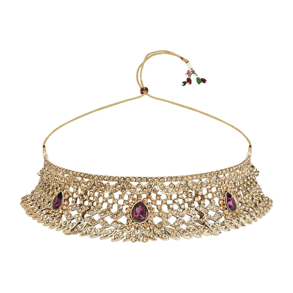 I Jewels Gold Wine Choker Necklace Jewellery Set With Chandbali Earring & Maang Tikka For Women | 3-Piece Set - view 2
