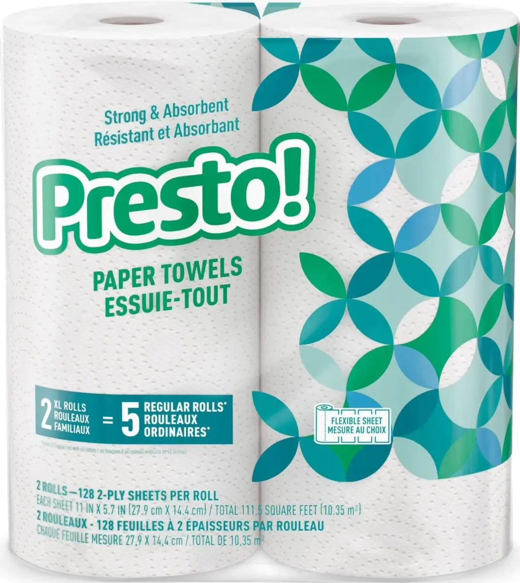 Presto! Flex-a-Size Kitchen Paper Towels, 2-Ply, Strong and Absorbent, 128 Sheet Family Roll, 2 Rolls | Value Pack for Indian Households - main product image