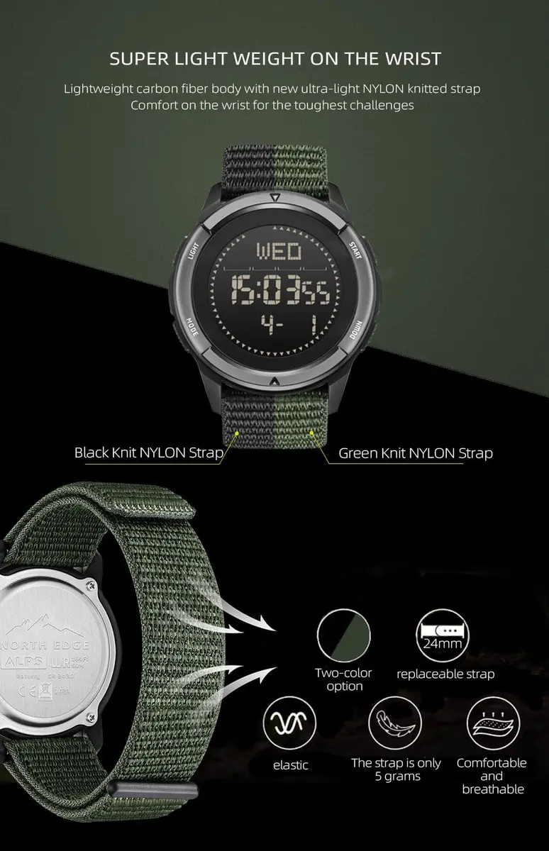 NORTH EDGE Military Watch for Men Tactical Survival Watch | Waterproof, Digital, Durable Nylon Band - view 6