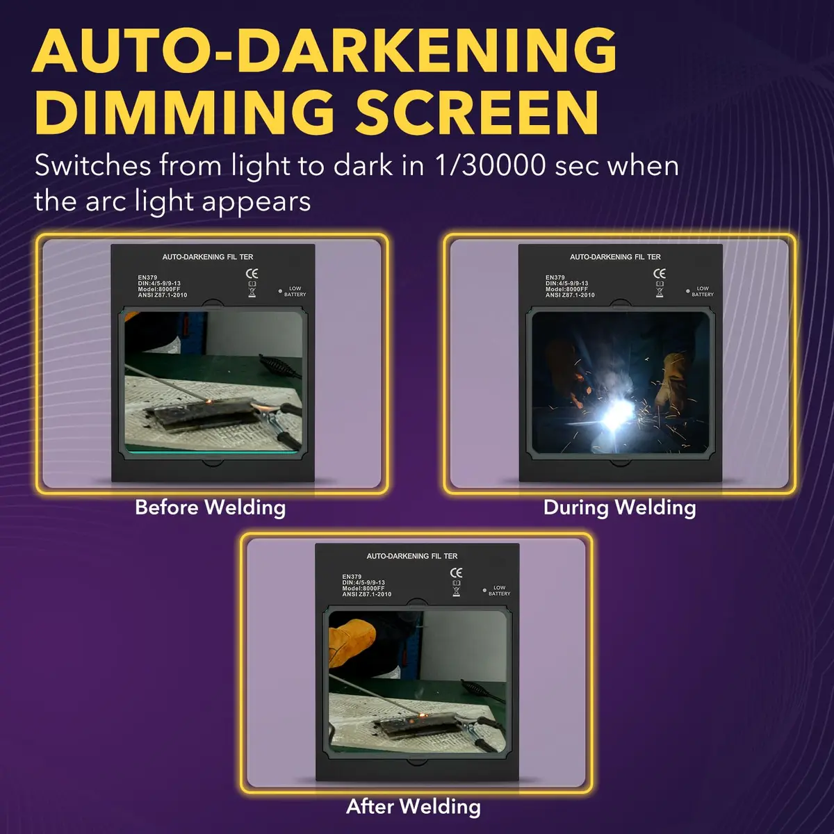 TRQWH Auto Darkening Welding Lens 11.4 x 13.3 cm (4.49 x 5.24in) True Color Solar Powered | 4 Arc Sensor Shade 5-9/9-13 - view 7