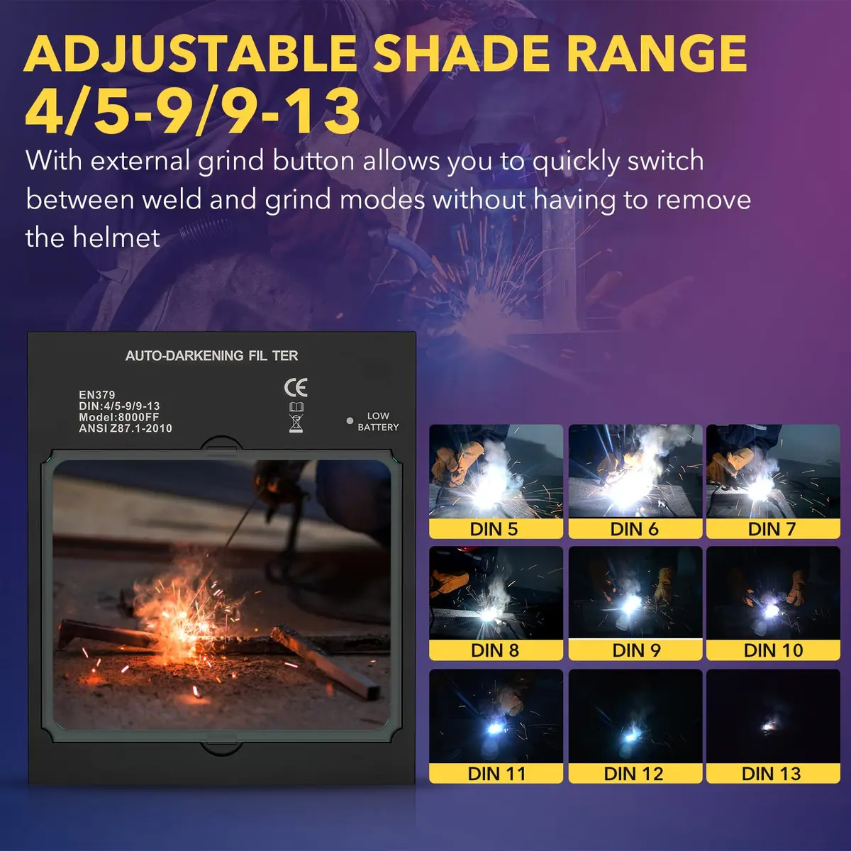 TRQWH Auto Darkening Welding Lens 11.4 x 13.3 cm (4.49 x 5.24in) True Color Solar Powered | 4 Arc Sensor Shade 5-9/9-13 - view 8