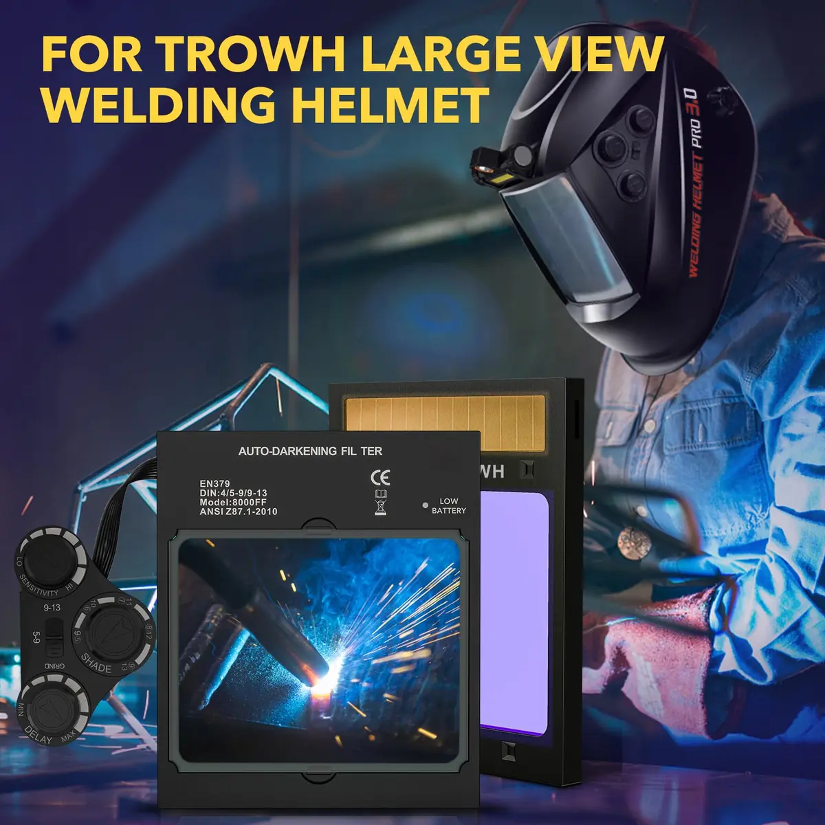 TRQWH Auto Darkening Welding Lens 11.4 x 13.3 cm (4.49 x 5.24in) True Color Solar Powered | 4 Arc Sensor Shade 5-9/9-13 - view 2