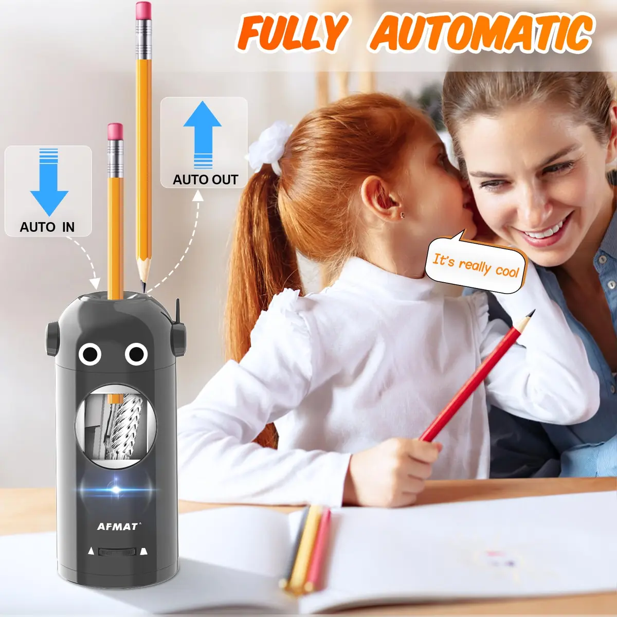 AFMAT Electric Pencil Sharpener for Colored Pencils 7-11.5mm | Fully Automatic Robot, Rechargeable, Safe & Compact - view 2