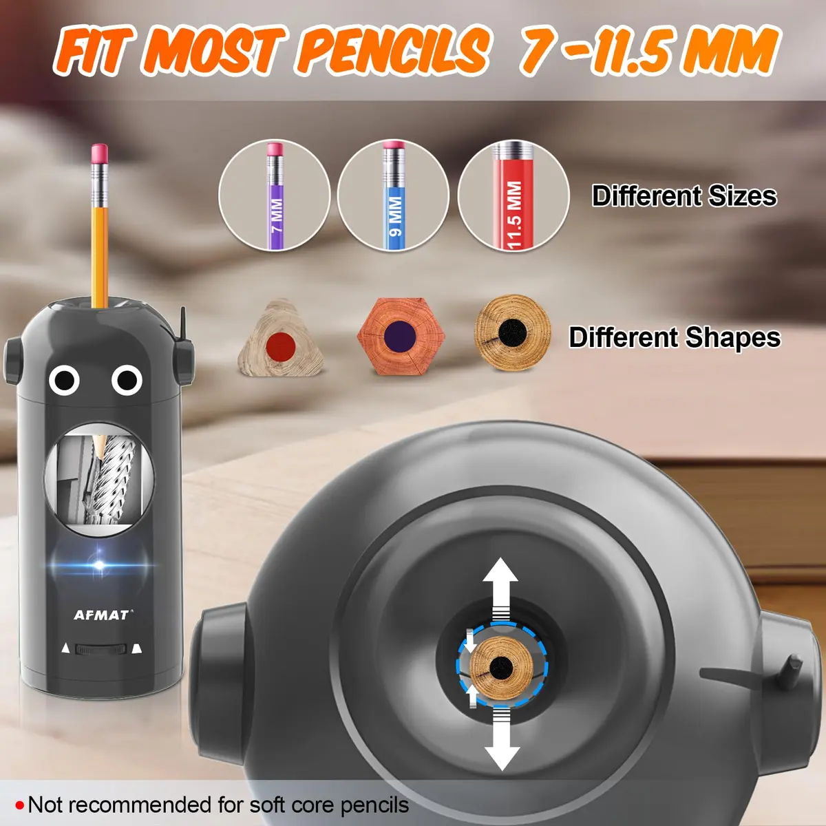 AFMAT Electric Pencil Sharpener for Colored Pencils 7-11.5mm | Fully Automatic Robot, Rechargeable, Safe & Compact - view 3