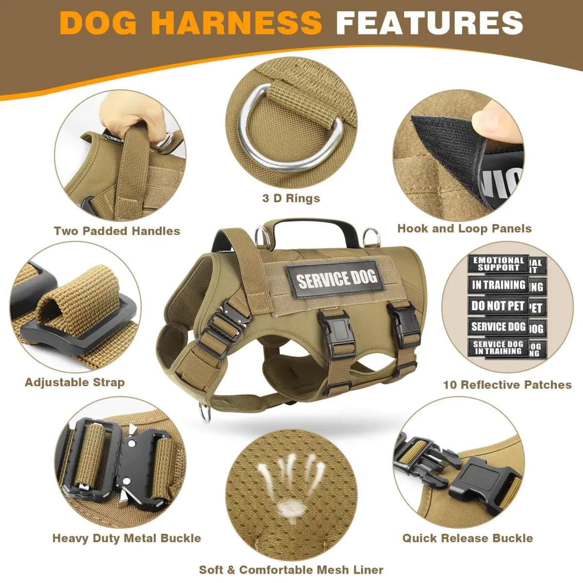 WINSEE Tactical Service Dog Vest Harness for Medium Dogs | No-Pull Heavy Duty with 10 Patches, 22-34" Chest - view 3