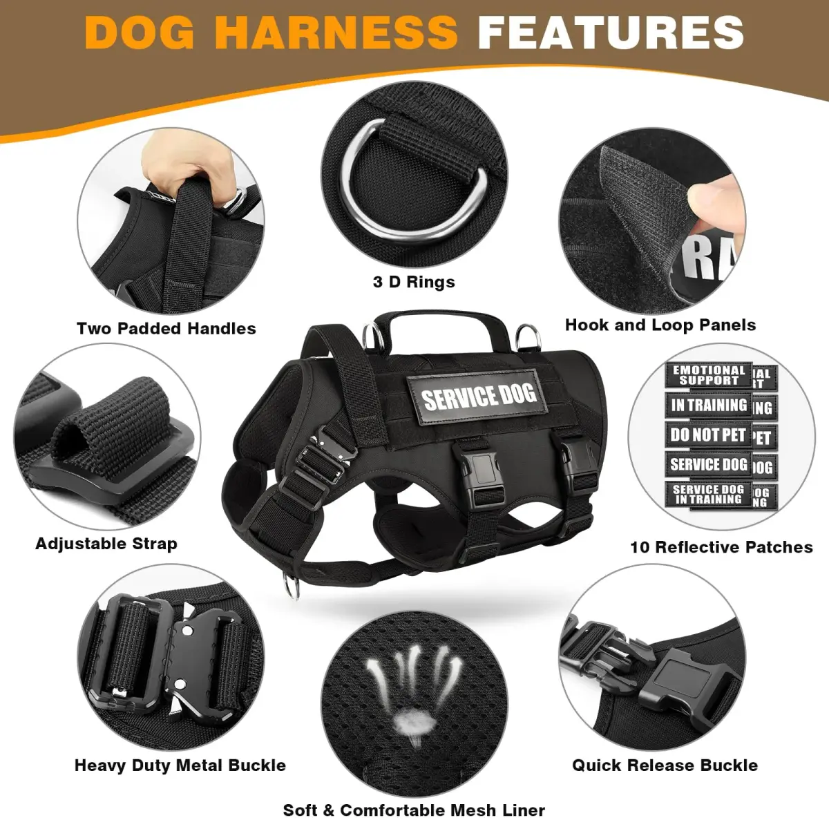 WINSEE Tactical Service Dog Vest Harness for Large Dogs | Heavy Duty MOLLE Vest with 10 Patches, No-Pull Front Clip, 24-39 inch Chest - view 3