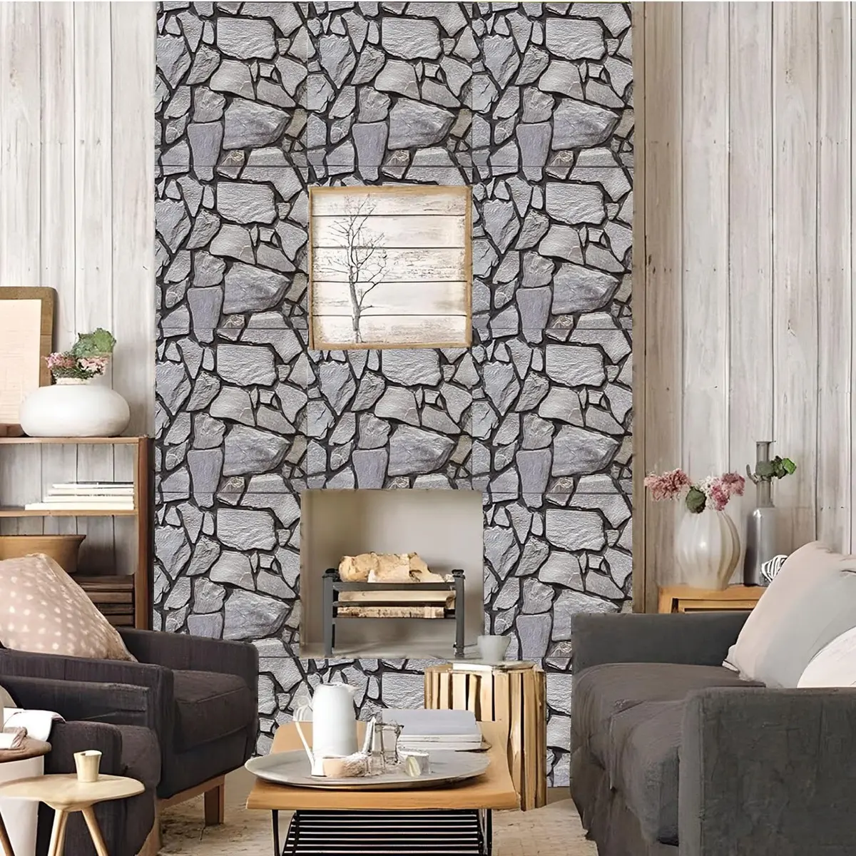 szgwtk 3D Faux Stone Wall Panels Peel and Stick, 10PCS Self Adhesive Waterproof 3D Wallpaper, 11.8"x11.8" Textured Decorative Wall Panels (Grey) - view 3