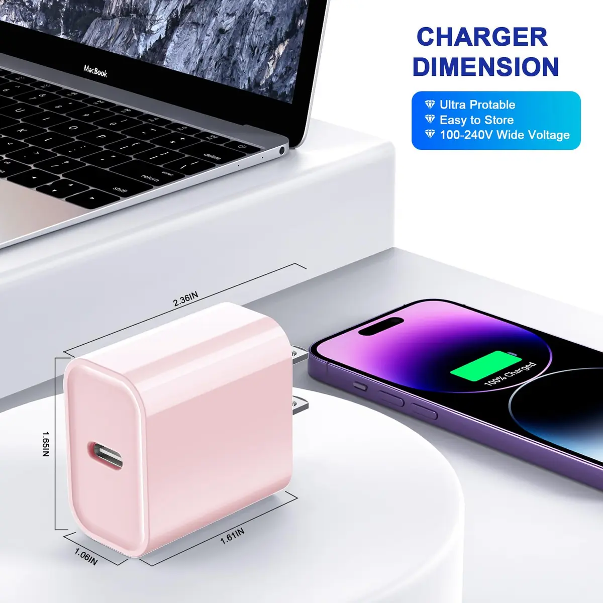 DelTucci 3Pack Pink USB C Charge Block | 20W PD Fast Charger for iPhone & Android - view 5