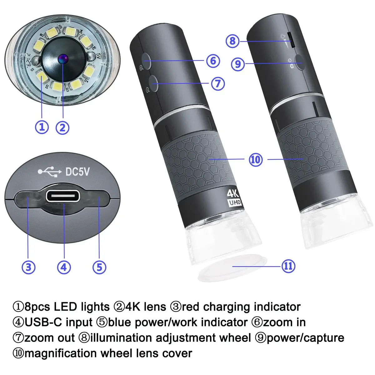 Jiusion 4K 50-1000x WiFi USB Digital Handheld Microscope with Metal Stand | 4K HD, Wireless & Wired, 8 LED Lights, Compatible with Windows, Mac, Android, iPhone - view 5