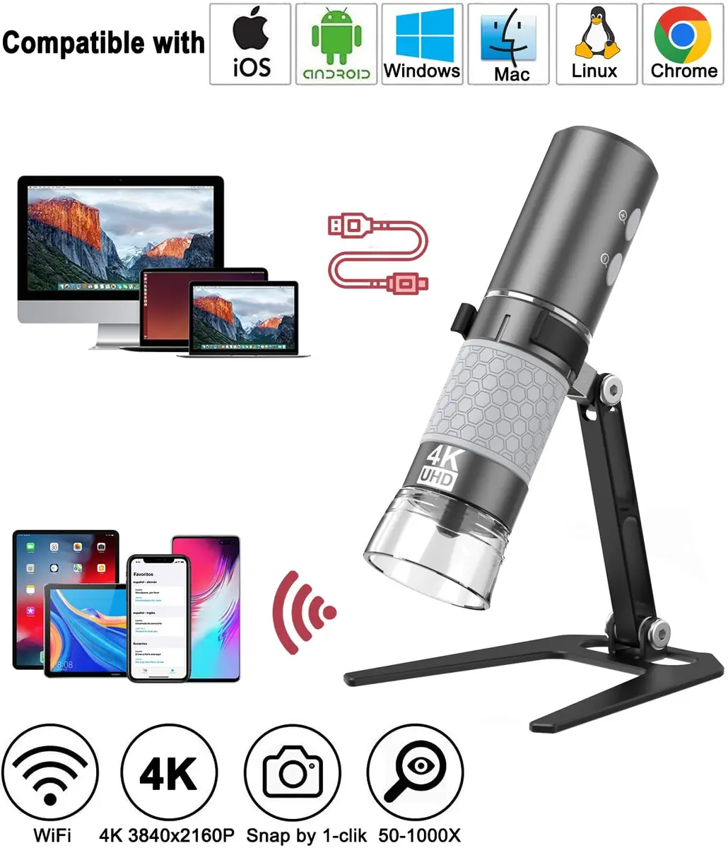 Jiusion 4K 50-1000x WiFi USB Digital Handheld Microscope with Metal Stand | 4K HD, Wireless & Wired, 8 LED Lights, Compatible with Windows, Mac, Android, iPhone - view 2