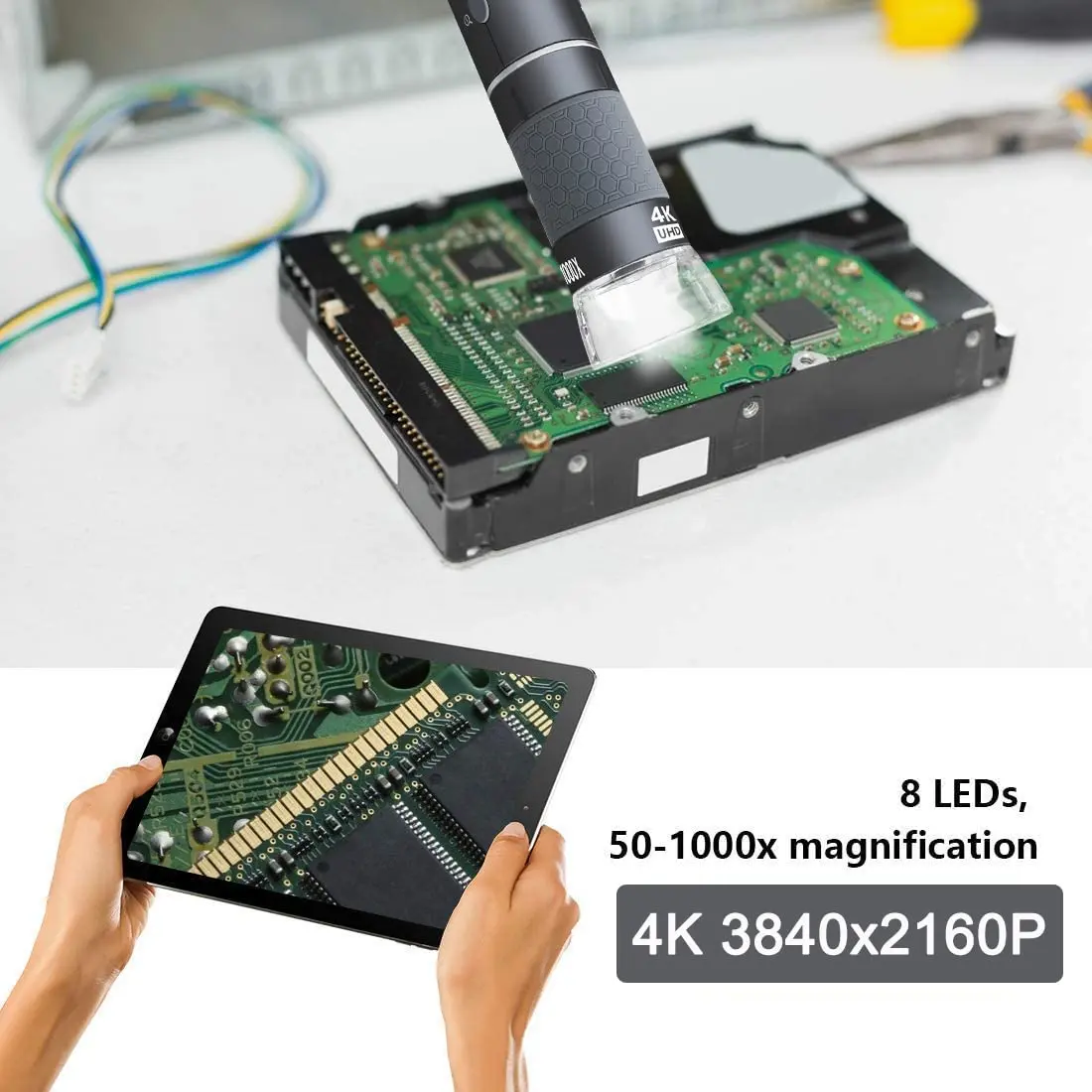 Jiusion 4K 50-1000x WiFi USB Digital Handheld Microscope with Metal Stand | 4K HD, Wireless & Wired, 8 LED Lights, Compatible with Windows, Mac, Android, iPhone - view 4