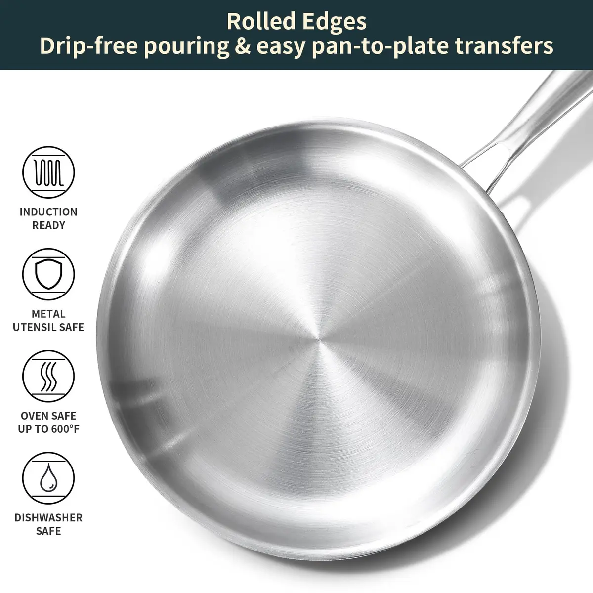 DELARLO Tri-ply Stainless Steel Frying Pan with Lid 8 Inch | Oven Safe, Induction Compatible, Heavy Duty - view 4