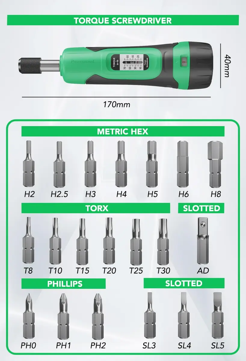 LLAVETOR Torque Screwdriver 10-70 Inch Pounds 6.8 Inch Length | Precision Tool for Bike, Auto, Electronics - view 7
