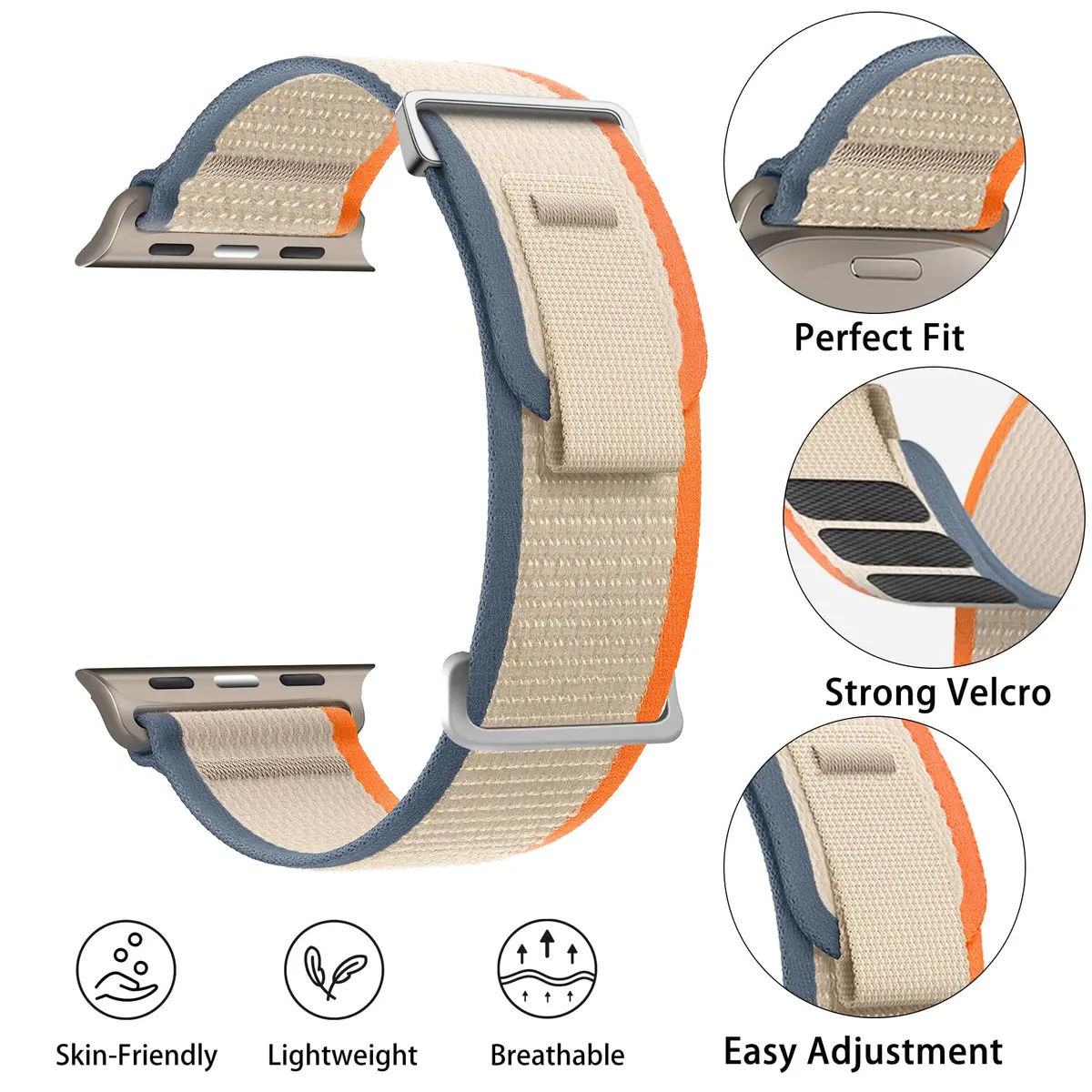 Charmmily Trail Loop Sport Band for Apple Watch Ultra 2/49mm, Series 10/46mm, 9/8/7/6/SE 45mm, 44mm, 42mm - Orange/Beige Woven Nylon - view 2