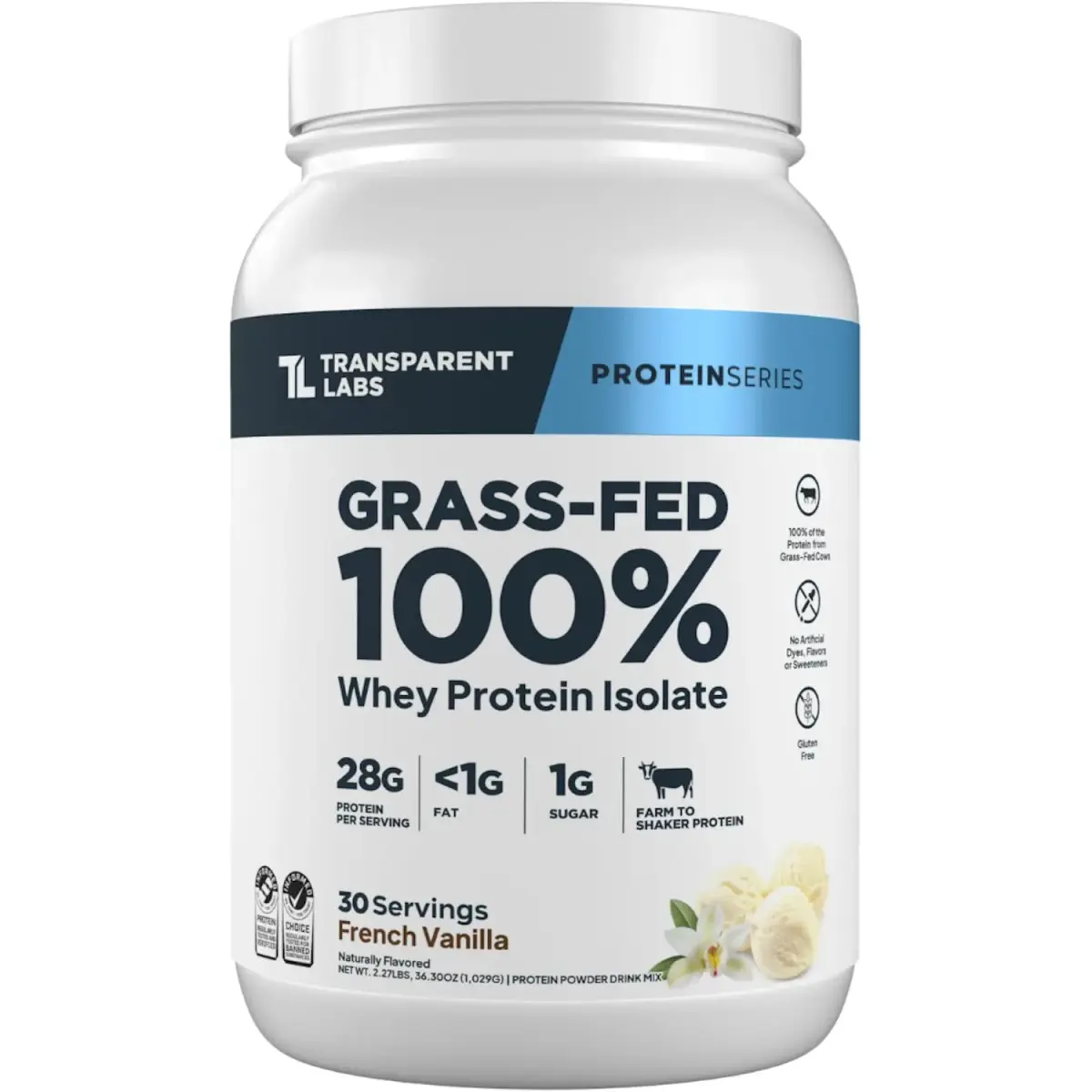 Transparent Labs Grass-Fed Whey Protein Isolate French Vanilla 1029g (36.3 oz) | 28g Protein Per Serving - main product image