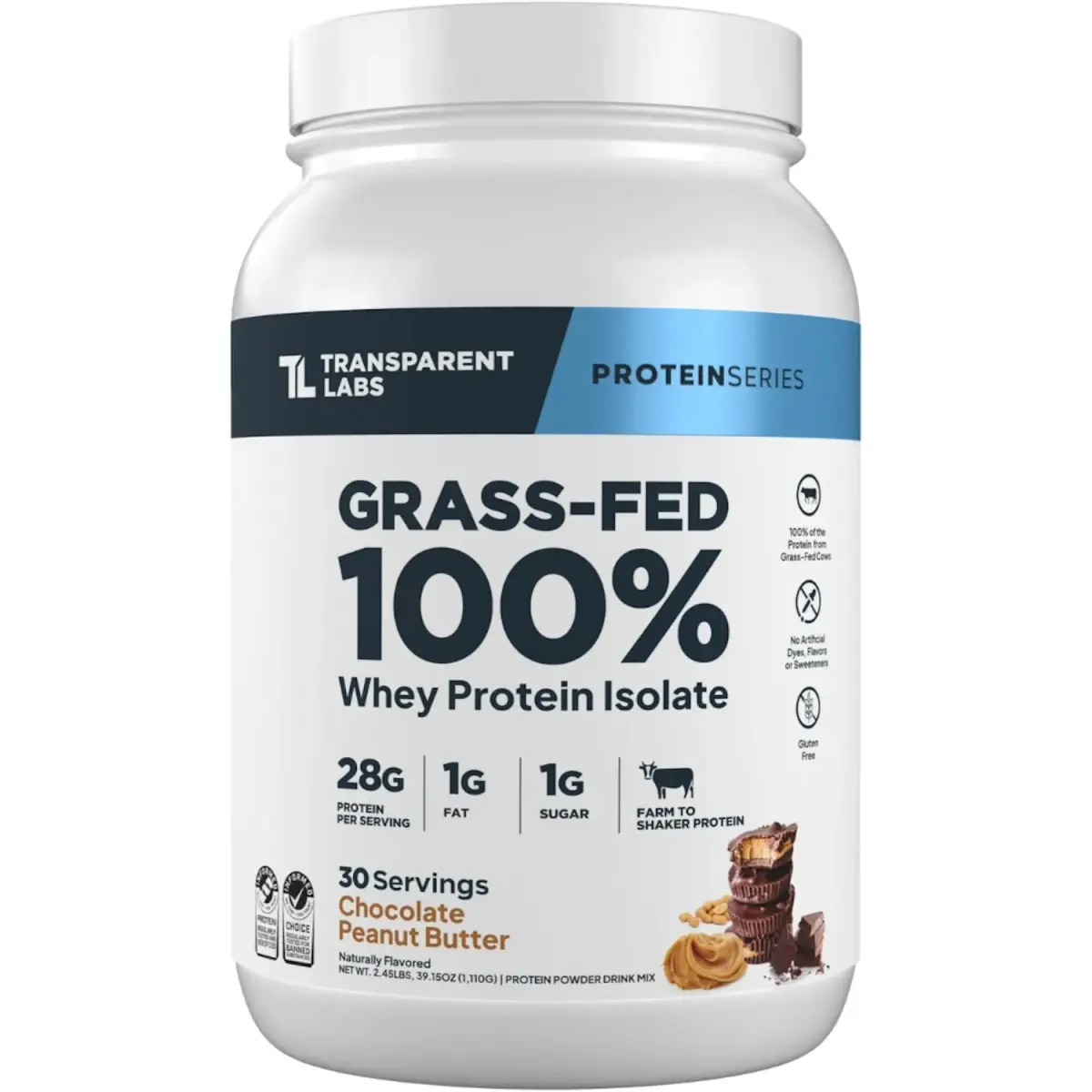 Transparent Labs Whey Protein Isolate Chocolate Peanut Butter 1110g (39.15 oz) | 28g Protein Per Serving, Grass-Fed, Gluten-Free - main product image