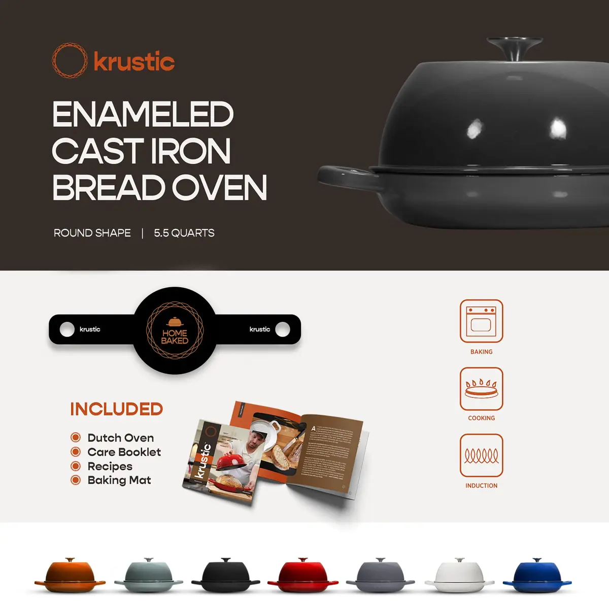 Krustic 6 Quart Enameled Cast Iron Dutch Oven for Sourdough Bread | 10 Inch Round Pot with Lid - view 5