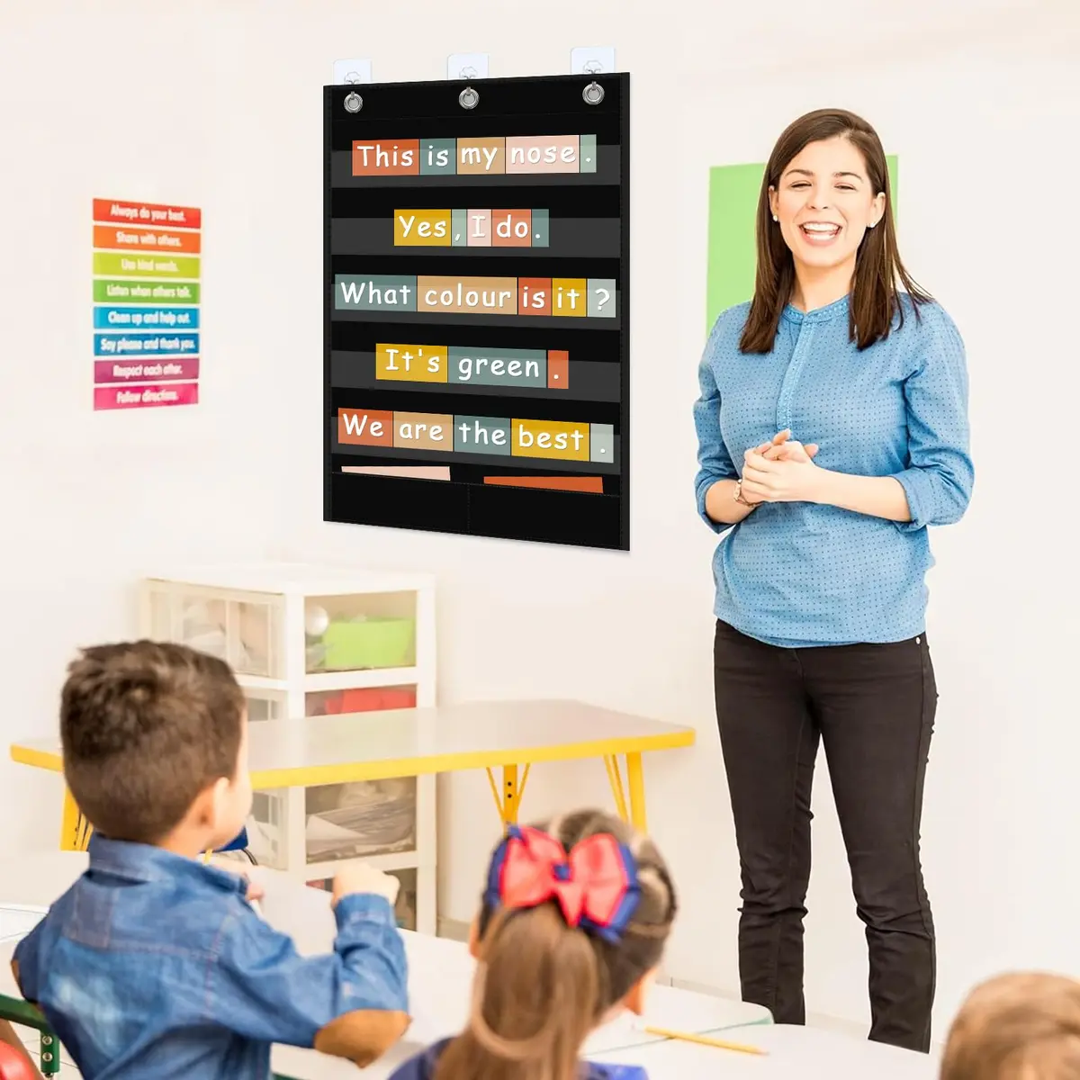 ANCOMEDO Standard Pocket Chart with Storage Pocket, 25.2"H x 17"L, 5+1 Pockets | Clear Words Wall Chart for School Home Office - view 7
