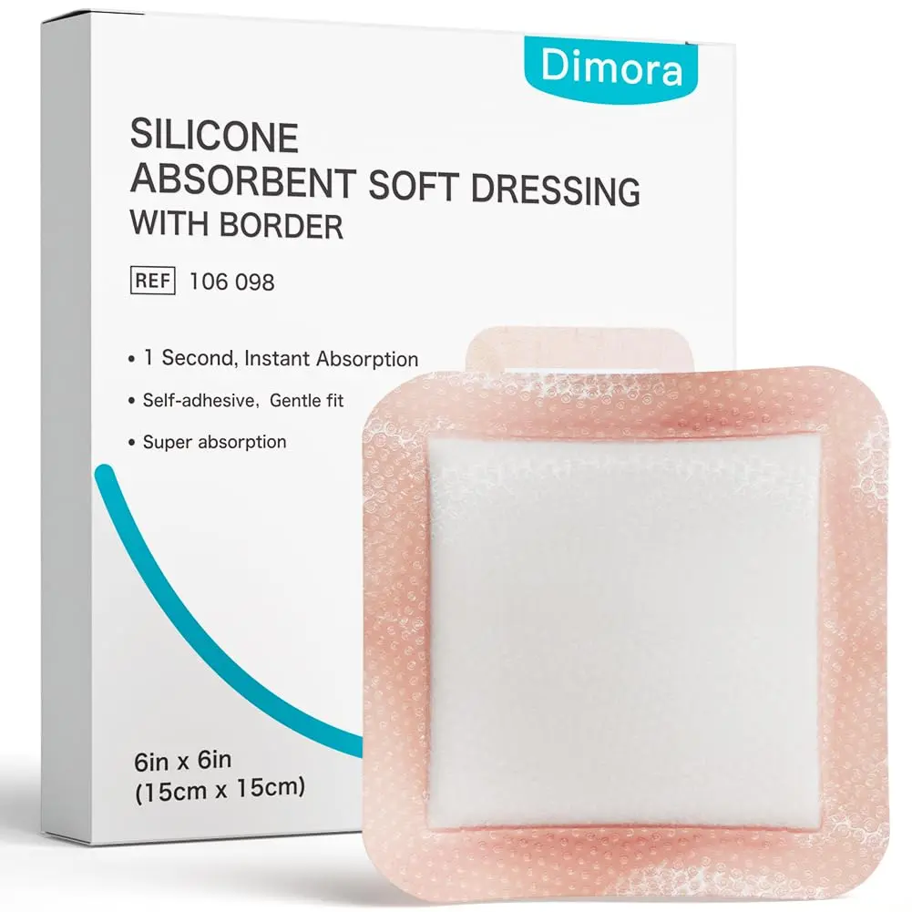 Dimora Silicone Super Absorbent Wound Dressings 6"x 6" (15cm x 15cm) | Gentle Adhesive Bandages with Ultrasorb Polymer for Heavy Exudate Wound Care (10 Packs) - main product image