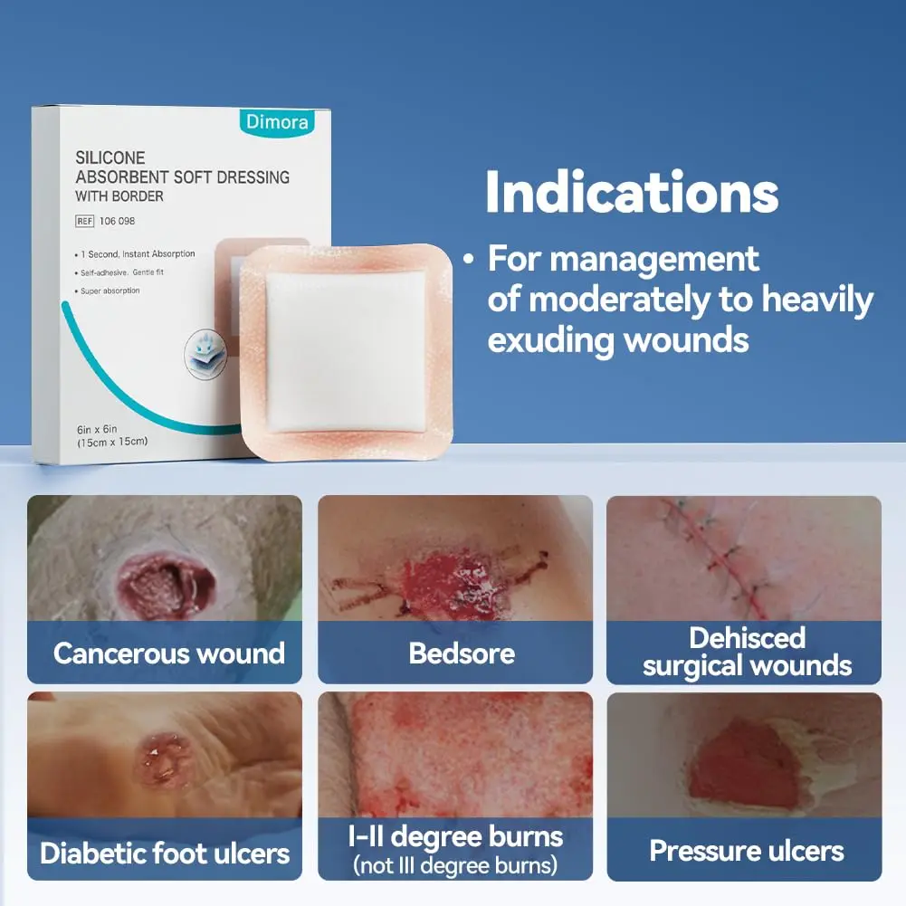 Dimora Silicone Super Absorbent Wound Dressings 6"x 6" (15cm x 15cm) | Gentle Adhesive Bandages with Ultrasorb Polymer for Heavy Exudate Wound Care (10 Packs) - view 7