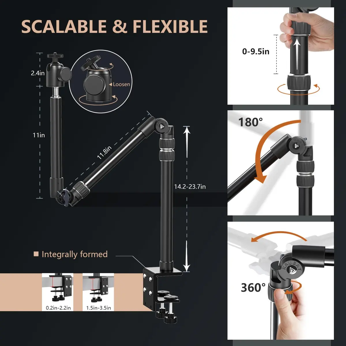 RAUBAY Camera Desk Mount, Magic Arm with C Clamp, 1/4" | Stable Overhead Camera Holder for DSLR & Webcam - view 2