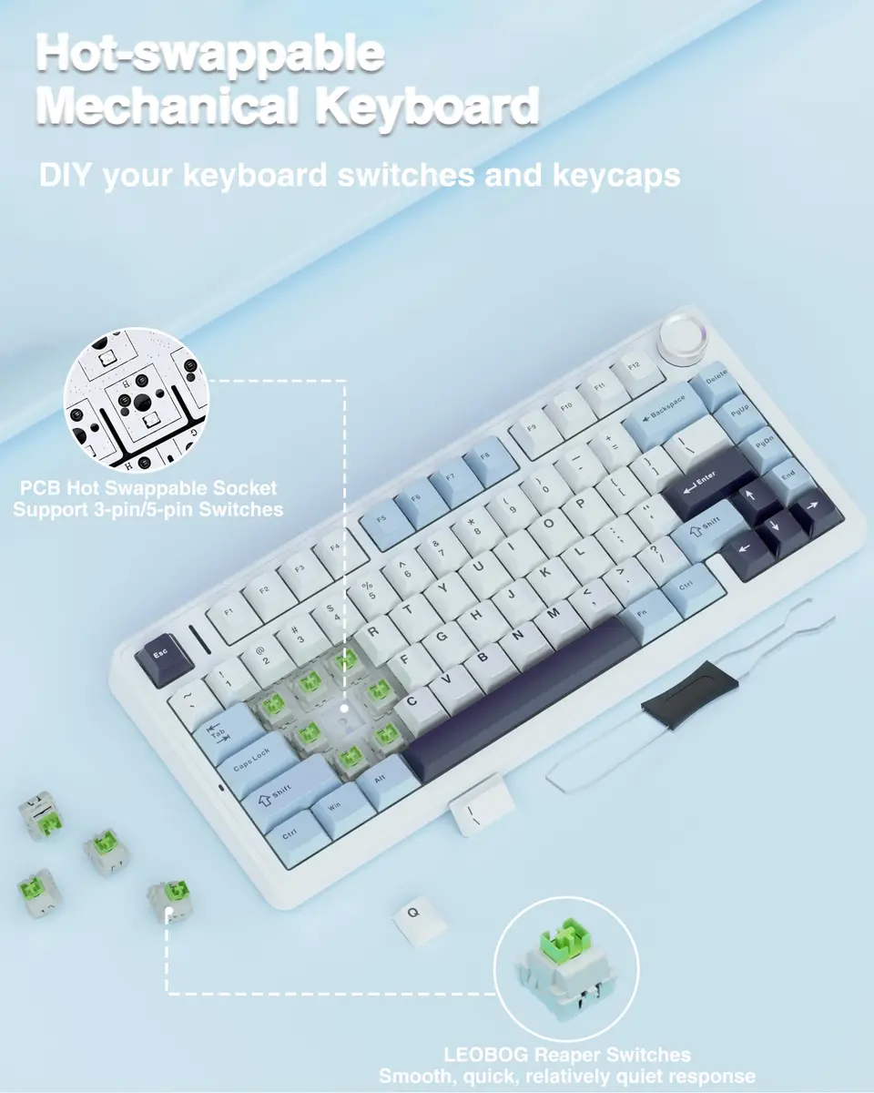 AULA F75 75% Wireless Mechanical Keyboard Glacial Blue | Hot-Swappable, Tri-Mode Connectivity, RGB Backlit, 81 Keys - view 5
