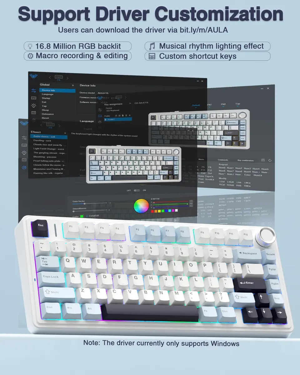 AULA F75 75% Wireless Mechanical Keyboard Glacial Blue | Hot-Swappable, Tri-Mode Connectivity, RGB Backlit, 81 Keys - view 7