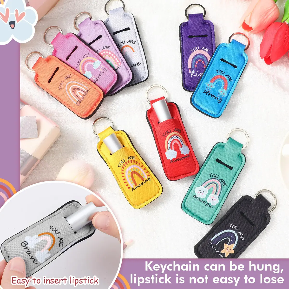 Ctosree Rainbow Lipstick Lip Balm Keychain 40 pcs | Inspirational & Portable (70-120 chars) - view 3