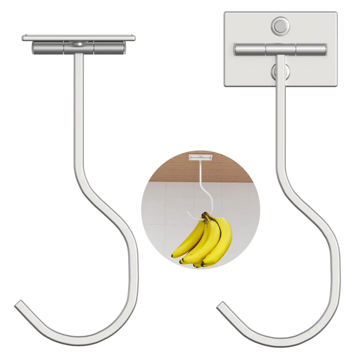 bussdis 2-Pack Self Adhesive Banana Hook, Metal Banana Hanger Hook, Under Cabinet Hook for Kitchen Items, Foldable Banana Hook, Silver - main product image