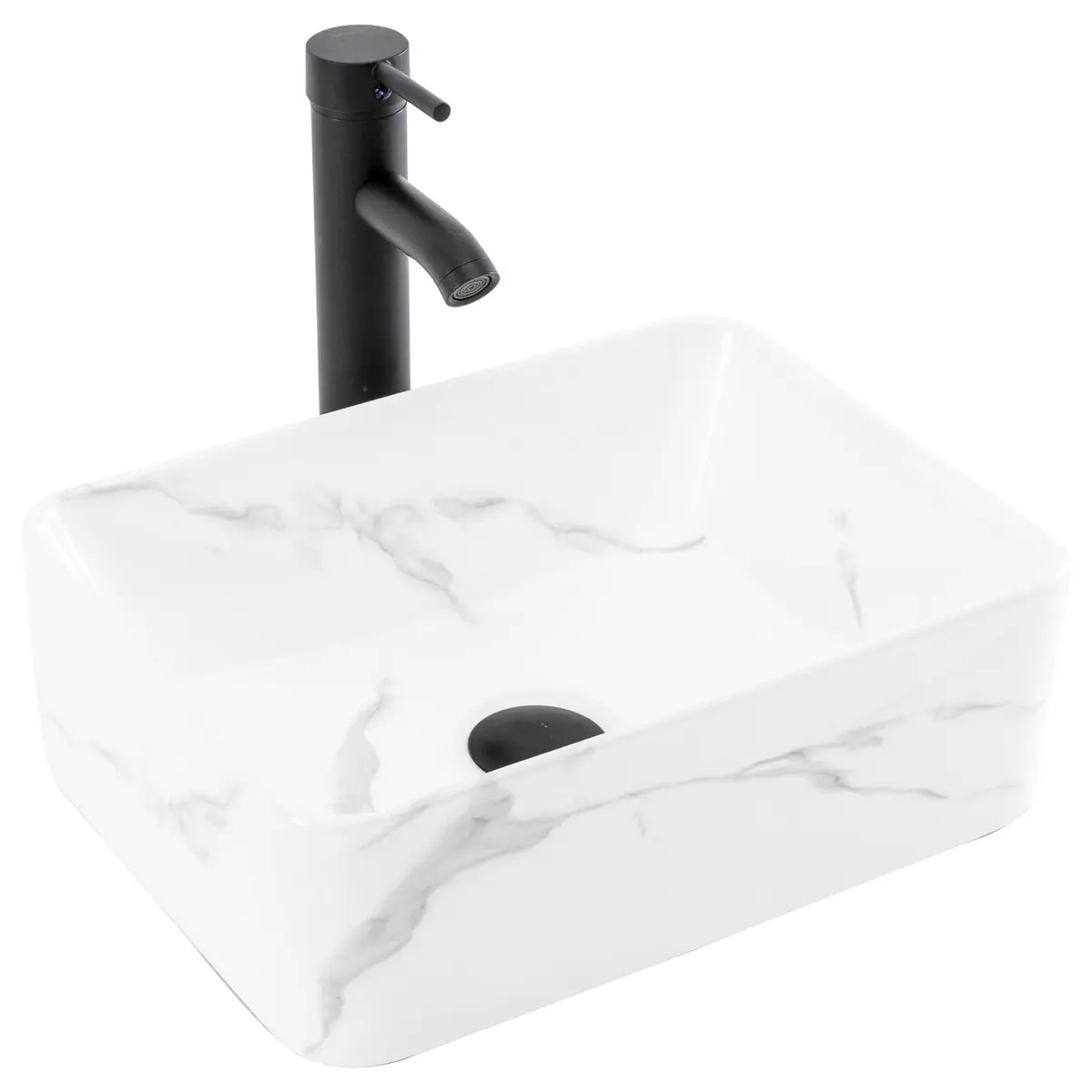 KGAR 16" x 12" x 5" Rectangular Porcelain Ceramic Vessel Sink with Faucet and Drain | White Marble Pattern Above Counter - main product image