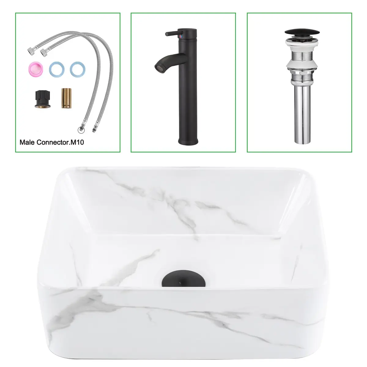 KGAR 16" x 12" x 5" Rectangular Porcelain Ceramic Vessel Sink with Faucet and Drain | White Marble Pattern Above Counter - view 5