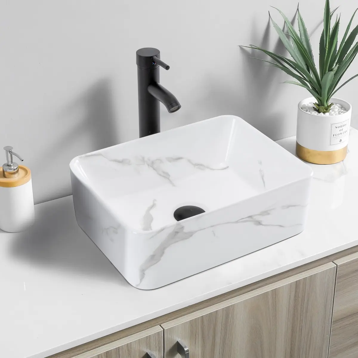 KGAR 16" x 12" x 5" Rectangular Porcelain Ceramic Vessel Sink with Faucet and Drain | White Marble Pattern Above Counter - view 8