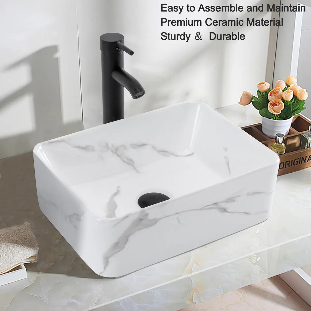KGAR 16" x 12" x 5" Rectangular Porcelain Ceramic Vessel Sink with Faucet and Drain | White Marble Pattern Above Counter - view 2