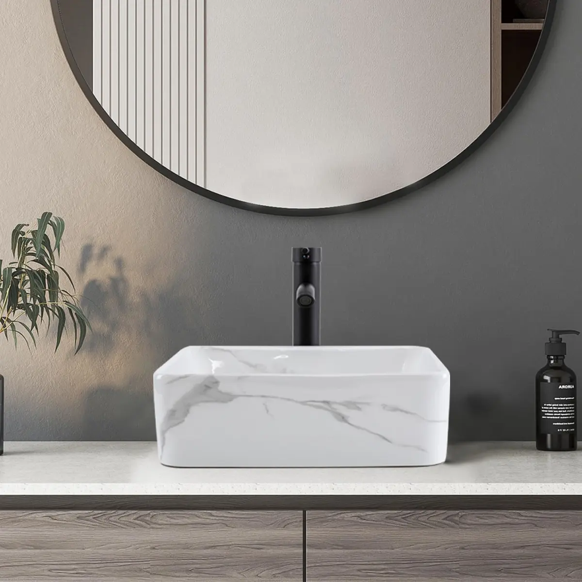 KGAR 16" x 12" x 5" Rectangular Porcelain Ceramic Vessel Sink with Faucet and Drain | White Marble Pattern Above Counter - view 3