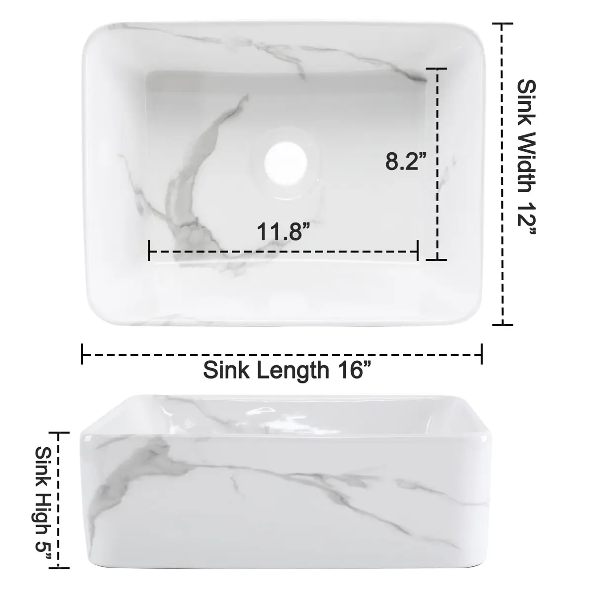 KGAR 16" x 12" x 5" Rectangular Porcelain Ceramic Vessel Sink with Faucet and Drain | White Marble Pattern Above Counter - view 4